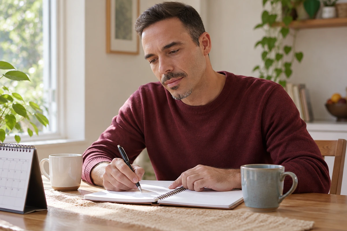 Man preparing notes for a weekly check-in beside two mugs and a calendar