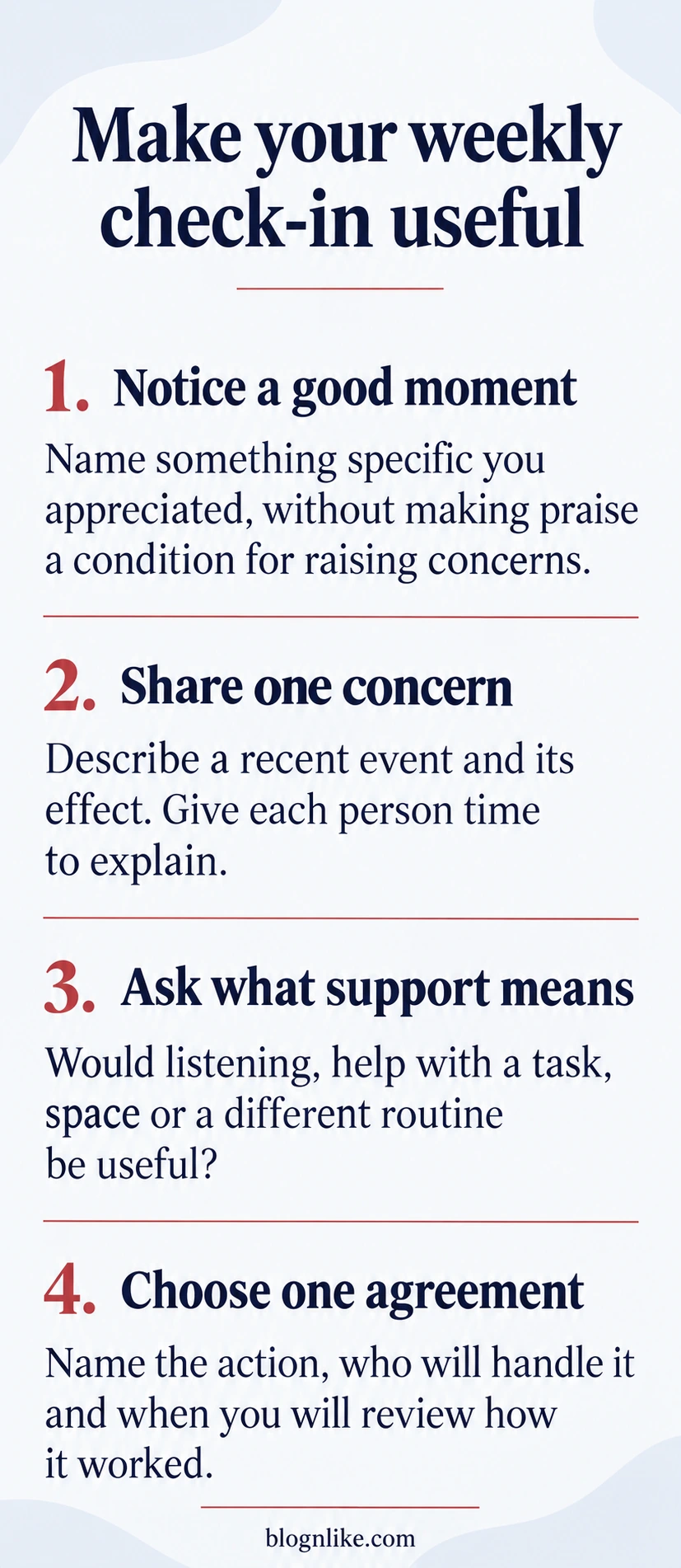 Make your weekly check-in useful: Notice a good moment, Share one concern, Ask what support means, Choose one agreement.
